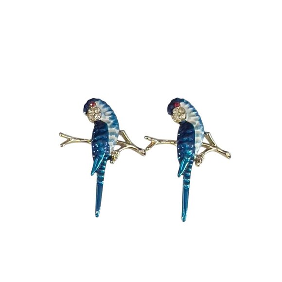 Pair of Blue & White Parrot Macaw Rhinestone Brooch Pins Gold Tone Branches - Picture 1 of 7